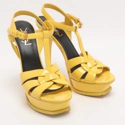 مملوكة مسبقًا Saint Laurent Tribute Size 38.5 Yellow Patent Leather Ankle Strap Sandals