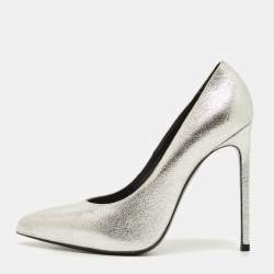 Pre Owned Saint Laurent Zoe Size 38.5 Silver Leather Pumps