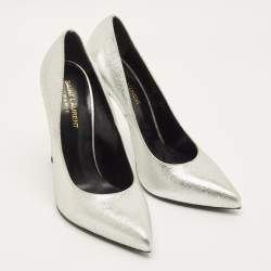Pre Owned Saint Laurent Zoe Size 38.5 Silver Leather Pumps