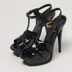 مملوكة مسبقًا صندل سان لوران نعل سميك براءة اختراع جلد أسود مقاس 36