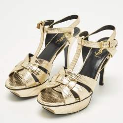 Pre Owned صندل سان لوران باريس بجلد نقشة السحلية ذهبي لامع  مقاس 40