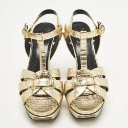 Pre Owned صندل سان لوران باريس بجلد نقشة السحلية ذهبي لامع  مقاس 40