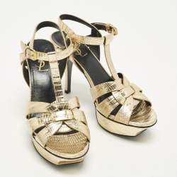 Pre Owned صندل سان لوران باريس بجلد نقشة السحلية ذهبي لامع  مقاس 40