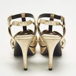 Pre Owned صندل سان لوران باريس بجلد نقشة السحلية ذهبي لامع  مقاس 40