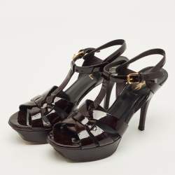 Pre Owned Saint Laurent Burgundy Patent Leather Tribute Platform Sandals Size 37.5
