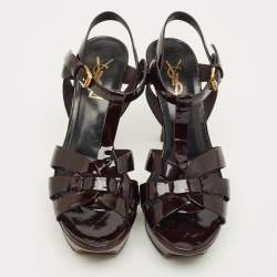 Pre Owned Saint Laurent Burgundy Patent Leather Tribute Platform Sandals Size 37.5