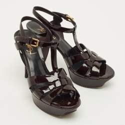 Pre Owned Saint Laurent Burgundy Patent Leather Tribute Platform Sandals Size 37.5