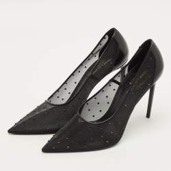 مملوكة مسبقًا حذاء كعب عالي سان لوران أنجا شبكة وجلد أسود مقاس 39