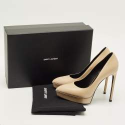 مملوكة مسبقًا Saint Laurent Janis Size 37.5 Beige Leather Platform Pumps