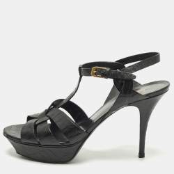 مملوكة مسبقًا Saint Laurent Tribute Size 41.5 Black Croc Embossed Leather Platform Sandals