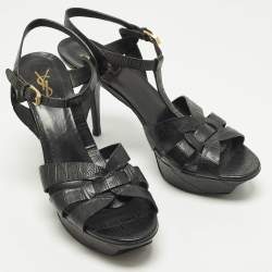 Pre Owned صندل سان لوران سير كاحل جلد منقوش بكعب عريض ذهبي مقاس 38.5