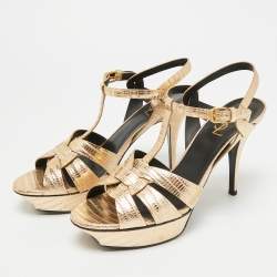 Pre Owned صندل سان لوران باريس جلد ذهبي ميتاليك منقوش تريبوت نعل سمبك مقاس 40.5