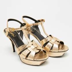 Pre Owned صندل سان لوران باريس جلد ذهبي ميتاليك منقوش تريبوت نعل سمبك مقاس 40.5