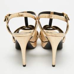 Pre Owned صندل سان لوران باريس جلد ذهبي ميتاليك منقوش تريبوت نعل سمبك مقاس 40.5