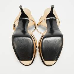 Pre Owned صندل سان لوران باريس جلد ذهبي ميتاليك منقوش تريبوت نعل سمبك مقاس 40.5