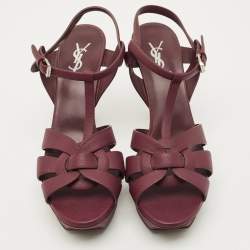 Pre Owned صندل سان لوران باريس "تريبوت" نعل سميك جلد منقوش عنابي مقاس 39