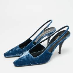 Pre Owned حذاء كعب عالي سان لوران فيلفيت أزرق بحزام خلفي مقاس 38