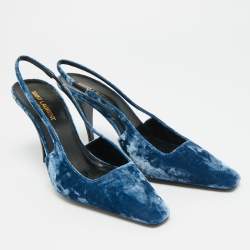 Pre Owned حذاء كعب عالي سان لوران فيلفيت أزرق بحزام خلفي مقاس 38