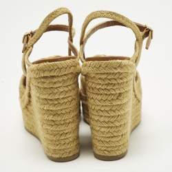 مملوكة مسبقًا صندل سان لوران سير كاحل كعب روكي نعل سميك جوت مضفر بيج مقاس 39