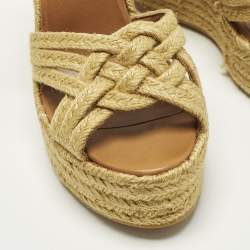 مملوكة مسبقًا صندل سان لوران سير كاحل كعب روكي نعل سميك جوت مضفر بيج مقاس 39