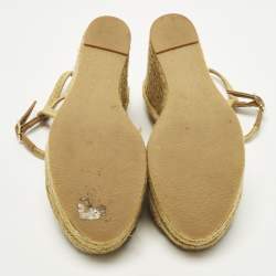 مملوكة مسبقًا صندل سان لوران سير كاحل كعب روكي نعل سميك جوت مضفر بيج مقاس 39