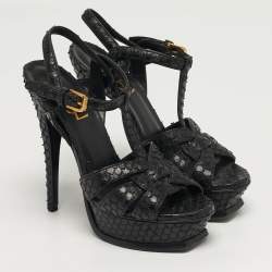 مملوكة مسبقًا صندل سان لوران بنقوش الثعبان جلد أسود نعل سميك مقاس 35