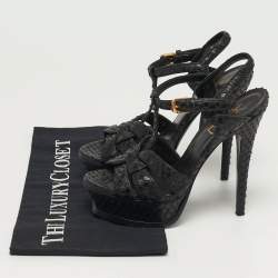 مملوكة مسبقًا صندل سان لوران بنقوش الثعبان جلد أسود نعل سميك مقاس 35