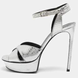 مملوكة مسبقًا Saint Laurent Paris Bianca Size 39.5 Silver Python Leather Platform Sandals