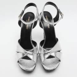 مملوكة مسبقًا Saint Laurent Paris Bianca Size 39.5 Silver Python Leather Platform Sandals