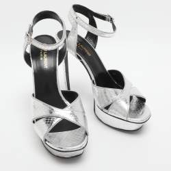 مملوكة مسبقًا Saint Laurent Paris Bianca Size 39.5 Silver Python Leather Platform Sandals