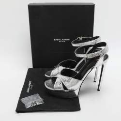 مملوكة مسبقًا Saint Laurent Paris Bianca Size 39.5 Silver Python Leather Platform Sandals