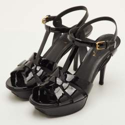 Pre Owned صندل سان لوران باريس "تريبوت" منصة جلد لامع أسود مقاس 38.5