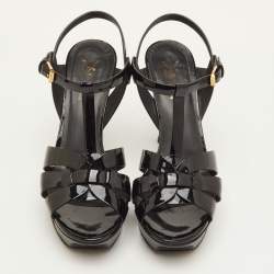 Pre Owned صندل سان لوران باريس "تريبوت" منصة جلد لامع أسود مقاس 38.5