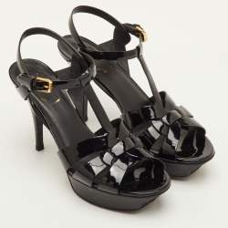 Pre Owned صندل سان لوران باريس "تريبوت" منصة جلد لامع أسود مقاس 38.5