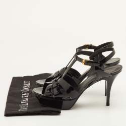 Pre Owned صندل سان لوران باريس "تريبوت" منصة جلد لامع أسود مقاس 38.5