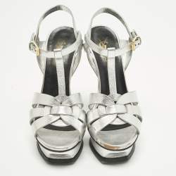 مملوكة مسبقًا Saint Laurent Tribute Size 37 Silver Leather Platform Sandals