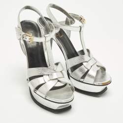 مملوكة مسبقًا Saint Laurent Tribute Size 37 Silver Leather Platform Sandals