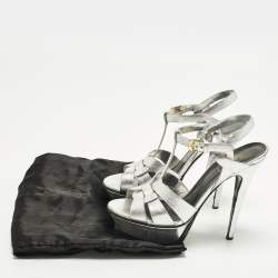 مملوكة مسبقًا Saint Laurent Tribute Size 37 Silver Leather Platform Sandals