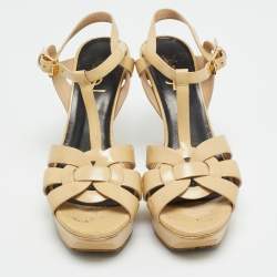 مملوكة مسبقًا Saint Laurent Tribute Size 38 Beige Patent Leather Platform Sandals