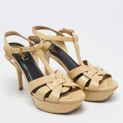 مملوكة مسبقًا Saint Laurent Tribute Size 38 Beige Patent Leather Platform Sandals