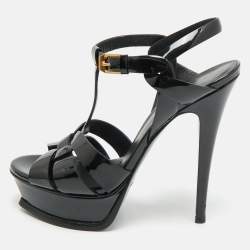 Pre Owned صندل سان لوران منصة جلد أسود لامع مقاس 39