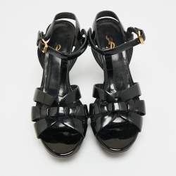 Pre Owned Saint Laurent Tribute Size 37.5 Blue Patent Leather Ankle Strap Sandals