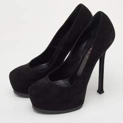 Pre Owned حذاء كعب عالي سان لوران تريب تو نعال سميك شامواه أسود مقاس 37.5