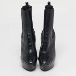 Pre Owned Saint Laurent Size 37.5 Black Leather Vika  Platform Ankle Length Boots