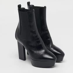 Pre Owned Saint Laurent Size 37.5 Black Leather Vika  Platform Ankle Length Boots