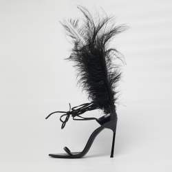 Pre Owned Saint Laurent iris Size 39 Black Feather and Leather Sandals