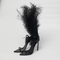 Pre Owned Saint Laurent iris Size 39 Black Feather and Leather Sandals