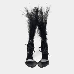 Pre Owned Saint Laurent iris Size 39 Black Feather and Leather Sandals