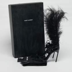 Pre Owned Saint Laurent iris Size 39 Black Feather and Leather Sandals