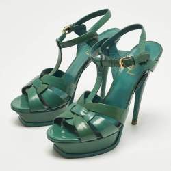 مملوكة مسبقًا Saint Laurent Tribute Size 37 Green Patent Leather Ankle Strap Sandals